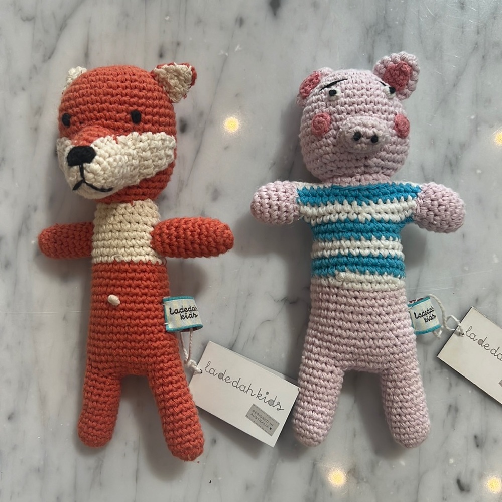 New La De Dah Kids Fox and Pig Crocheted Mini Animal Doll Set
